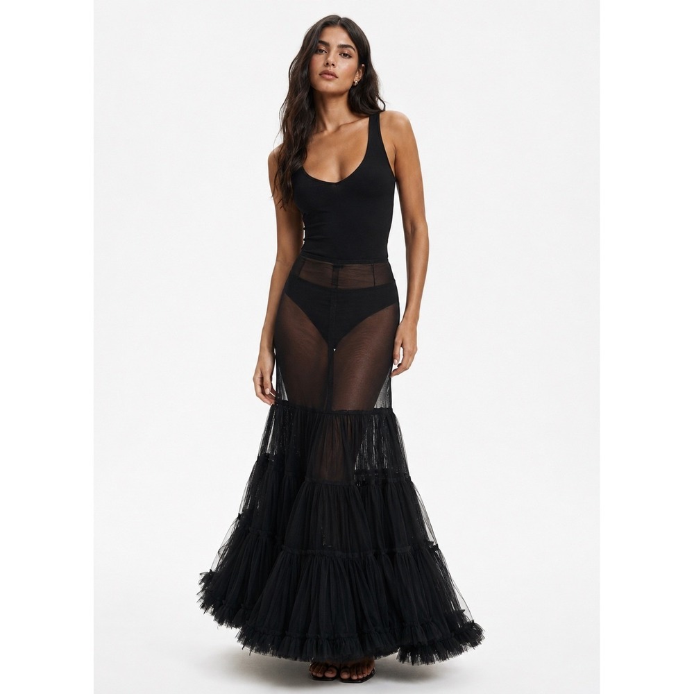 Black Tulle Mermaid Petticoat Underskirt Sheer Maxi Goth Bridal XS-S